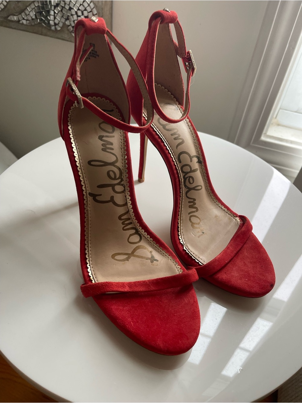 Sam Edelman Coral Red Suede Ankle-Strap Stiletto Sandals